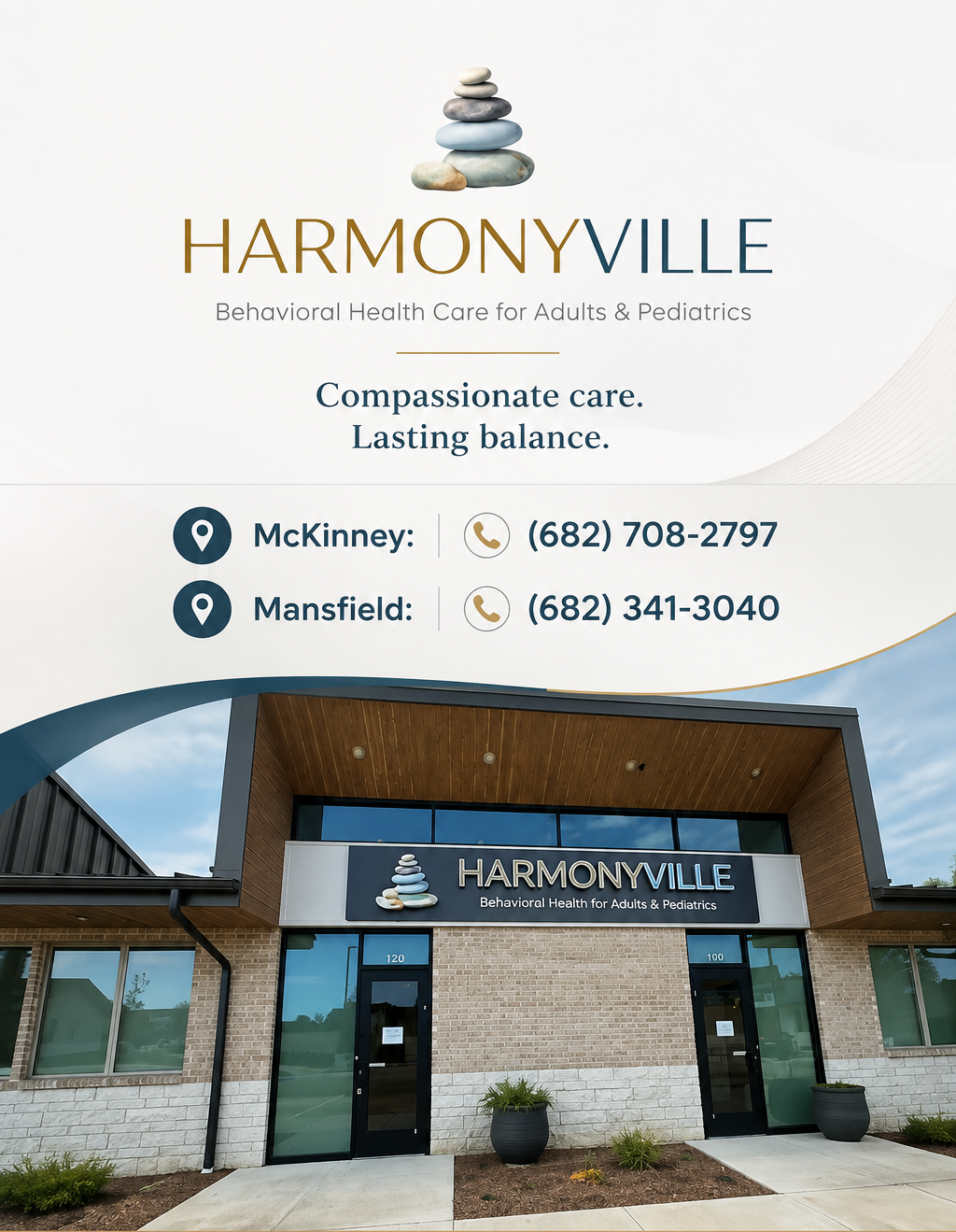 Exterior of the HarmonyVille building in Mansfield, TX, showing the entrance doors with suite numbers 100 and 120, surrounded by modern brick and exterior signage.