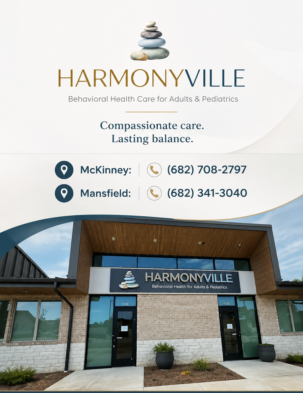 The Harmonyville Behavioral Health office exterior, showing the entrance and signage for adults and pediatric psychiatric care.