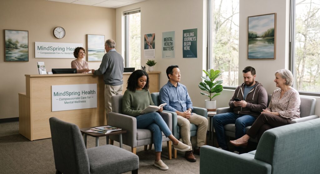 Illustration outlining the five core criteria to evaluate when choosing a mental health clinic.