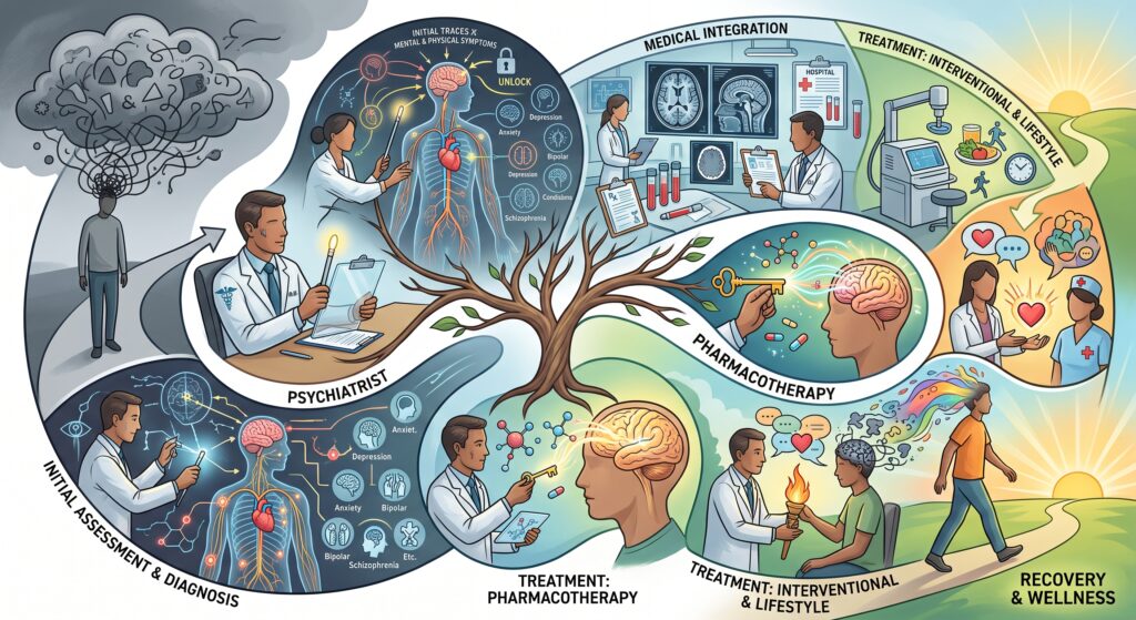 Conceptual illustration showing a psychiatrist evaluating patient symptoms, medical history, and treatment pathways, including pharmacotherapy and medical integration.