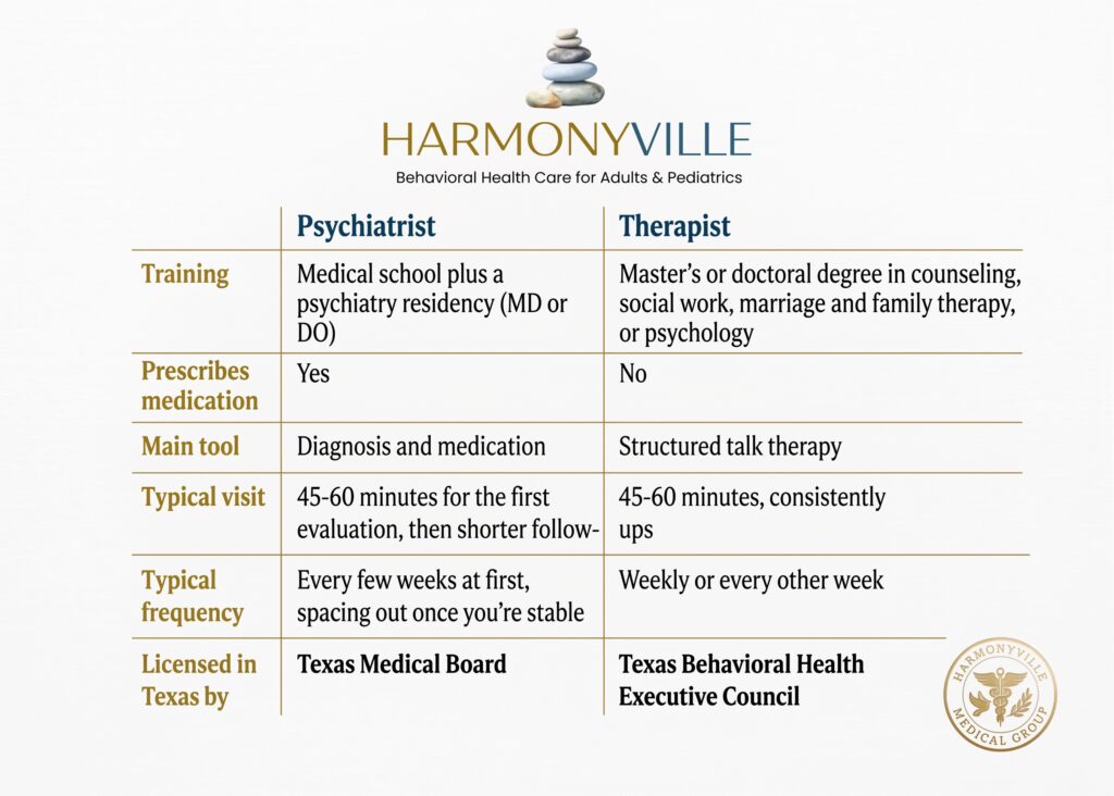Table showing the difference between a psychiatrist and a therapist, covering training, medication prescription, main tools, visit length, frequency, and Texas licensing boards.