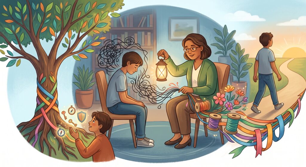 Conceptual illustration depicting structured talk therapy, skill-building, and psychological patterns addressed during counseling sessions.