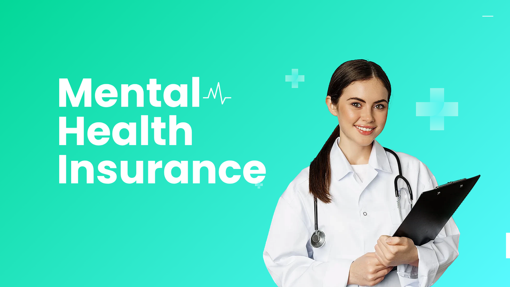 A professional female psychiatrist smiling while holding a clipboard next to a graphic that reads "Mental Health Insurance."