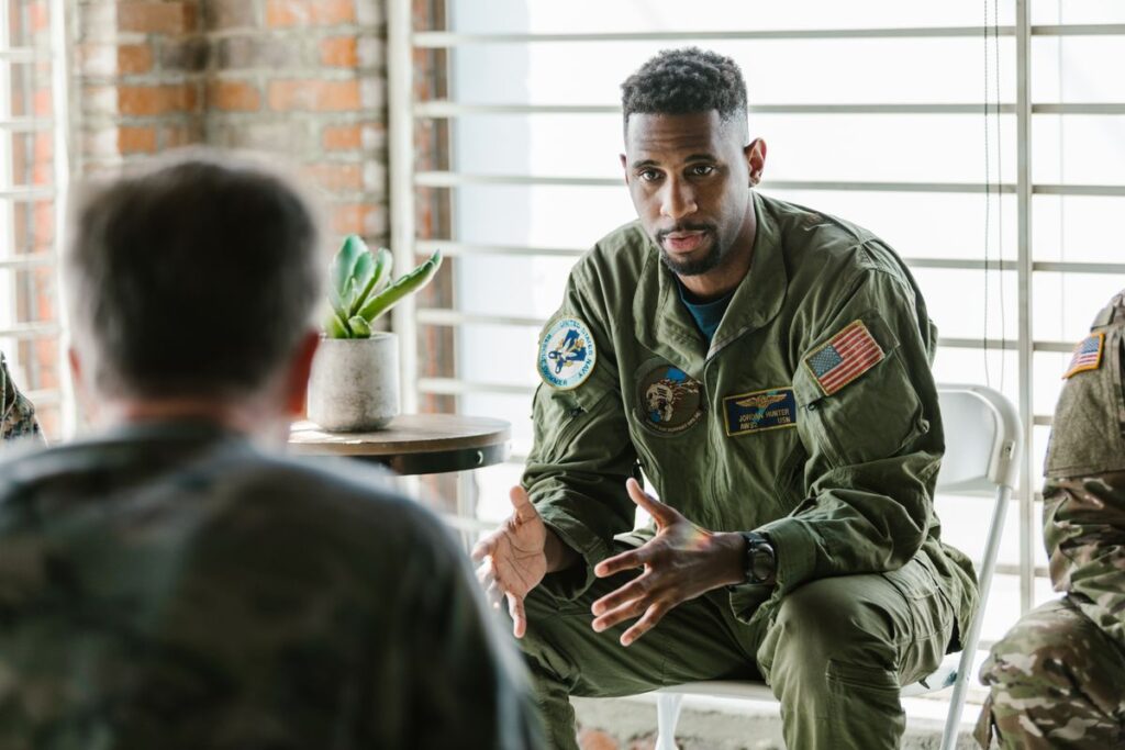 Veterans in a group therapy session, treatment that widens the list of jobs for veterans with PTSD