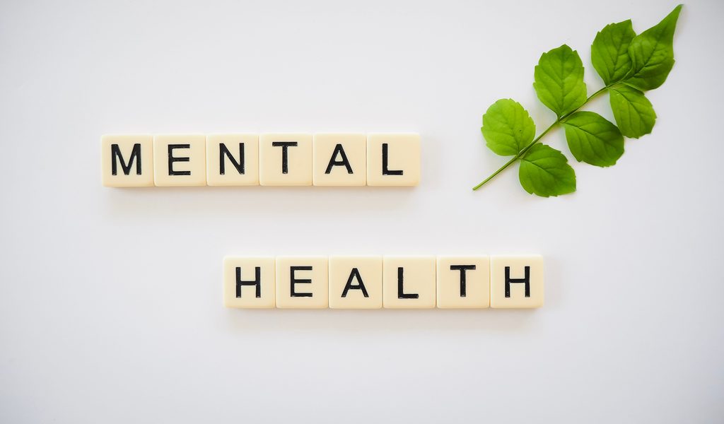 Letter tiles spelling mental health beside a green leaf, illustrating mental health resources in McKinney, TX