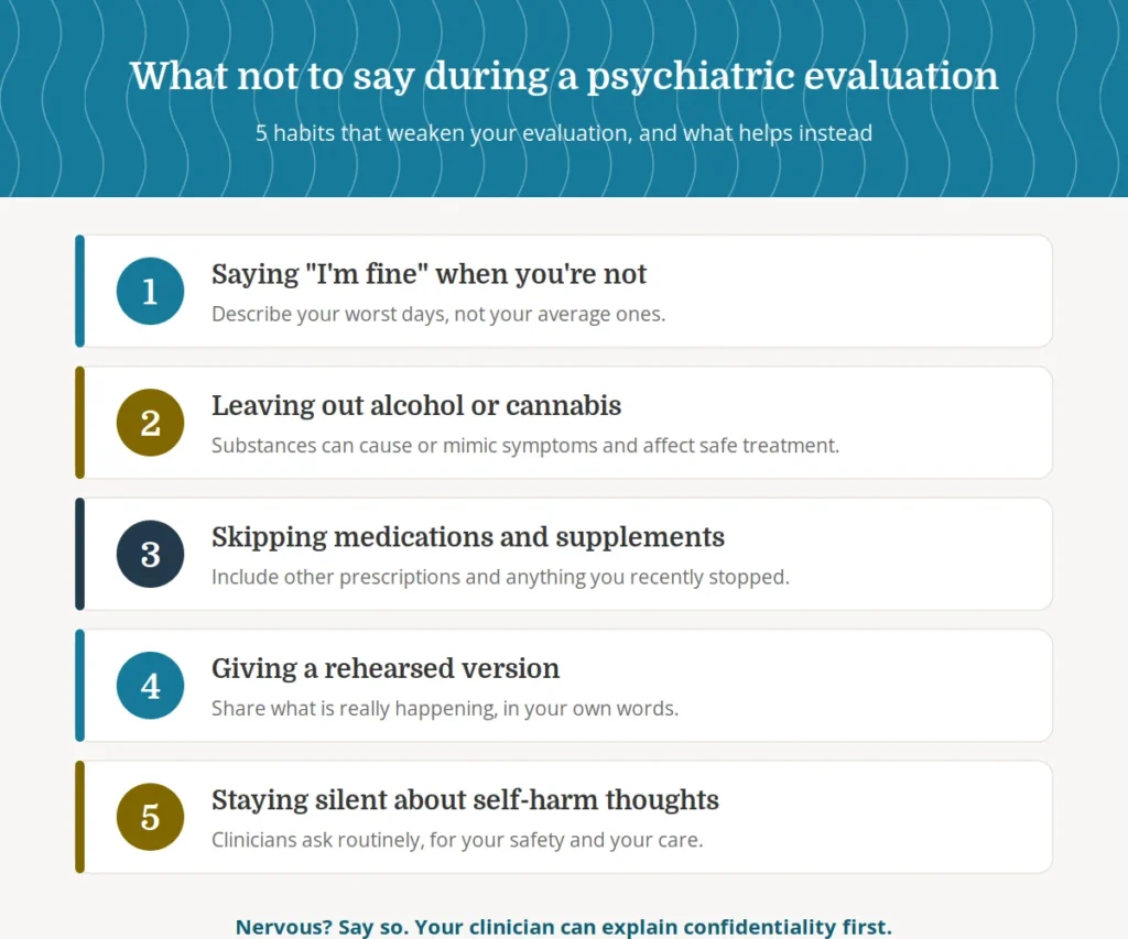 What not to say during a psychiatric evaluation: five habits to avoid, from minimizing symptoms to staying silent about self-harm