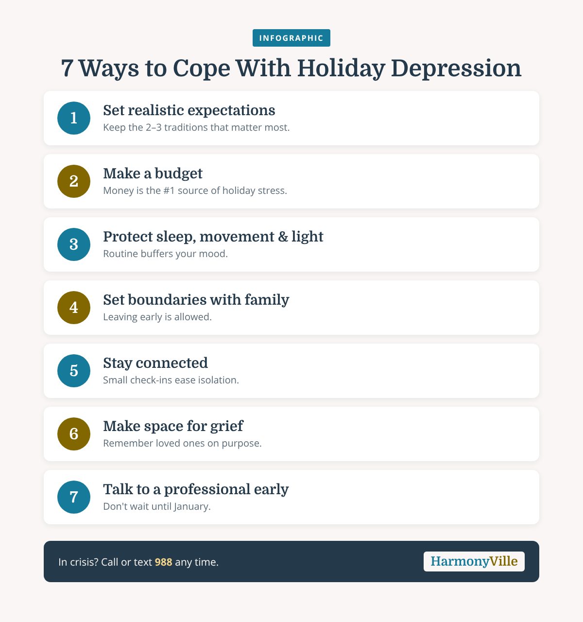 Infographic showing 7 ways to cope with holiday depression