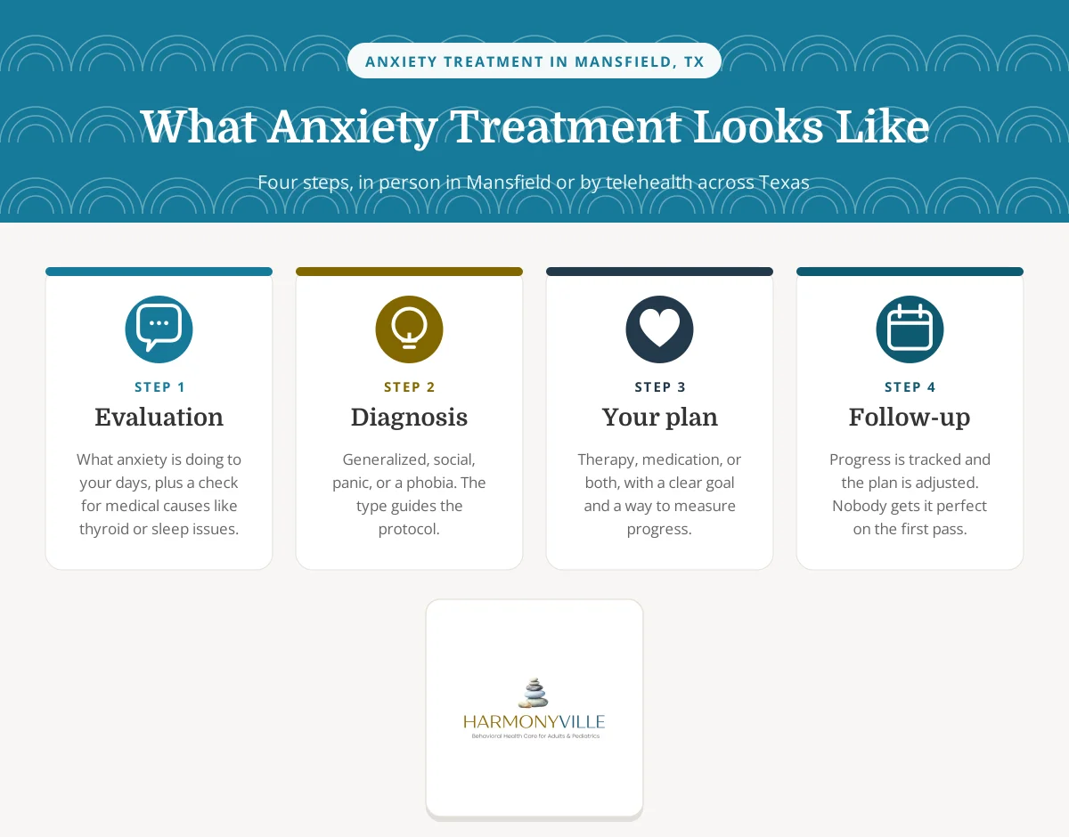 Infographic showing the four steps of anxiety treatment in Mansfield TX at HarmonyVille: evaluation, diagnosis, a personal plan, and follow-up