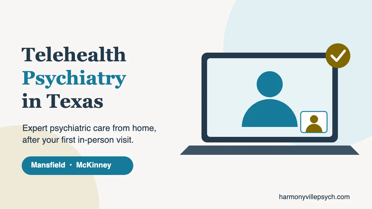 Telehealth psychiatry in Texas with HarmonyVille, video visit on a laptop