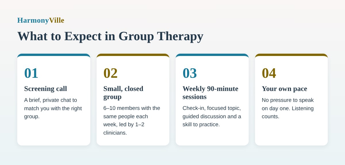 What to expect in group therapy at HarmonyVille, four steps