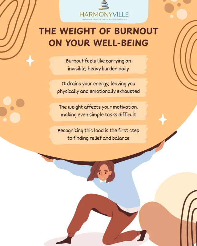 Does it feel like you're carrying an invisible, heavy burden every single day? 
Burnout is more than just feeling tired—it drains your energy, leaves you emotionally and physically exhausted, and makes even the simplest tasks feel monumental. But remember, you don't have to carry that weight alone. 
Recognizing this heavy load is always the courageous first step toward finding relief, healing, and true balance. 
🌱 Take a deep breath. What is one small thing you can take off your plate today to lighten your load? Let us know in the comments.#BurnoutRecovery #MentalHealthAwareness #EmotionalExhaustion #StressManagement #MentalHealthMatters #FindYourBalance #HarmonyVille #SelfCareJourney #BehavioralHealth #MentalHealthSupport